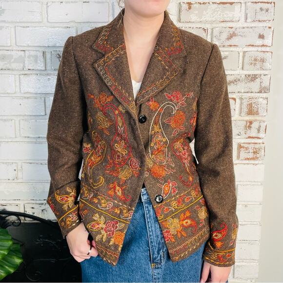 Coldwater Creek Floral Embroidered Red Orange Brown Wool Mix Jacket Blazer - Picture 1 of 7